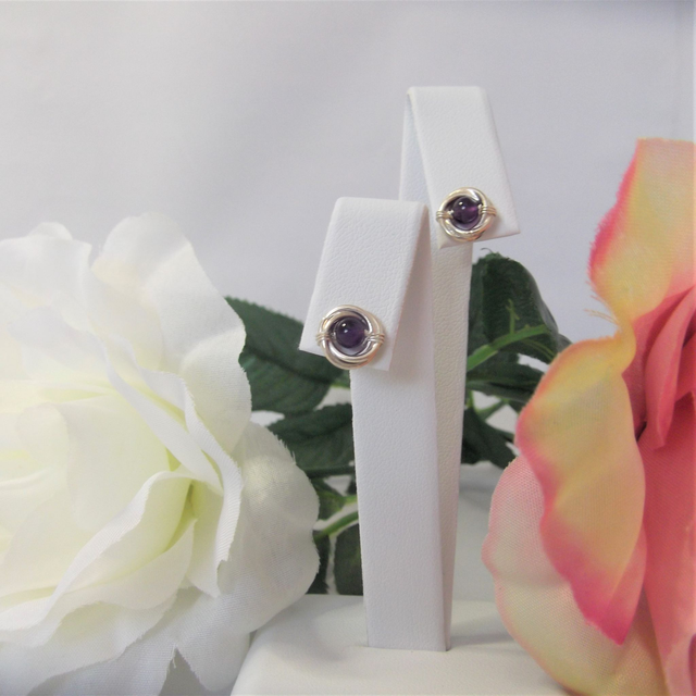 Amethyst gemstone Russian wedding ring style stud earrings with recycled silver 
