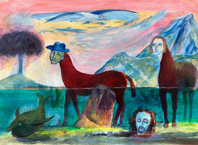 33 – Centaurs crossing the River (framed) Acrylic on canvas 49cm x 69cm