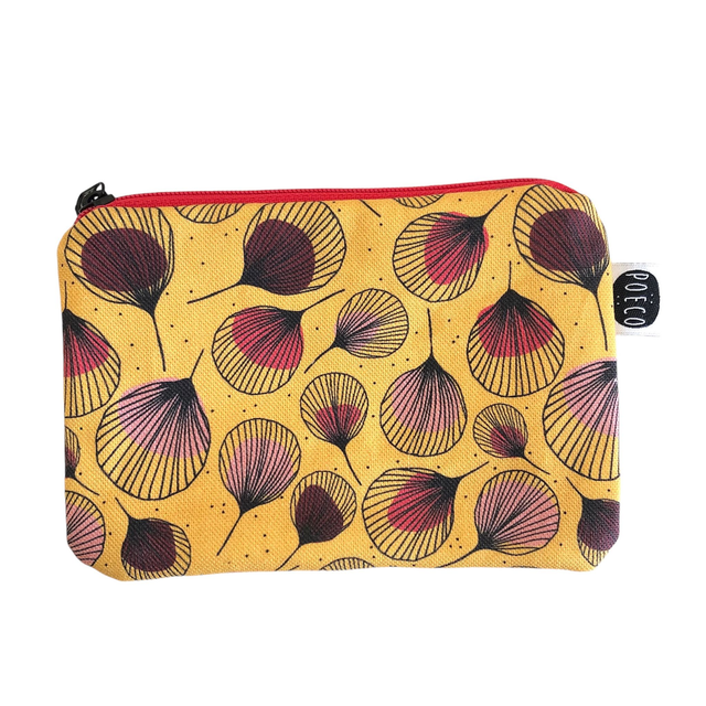 Trousse porte-monnaie -  PLUMES rouges fond jaune