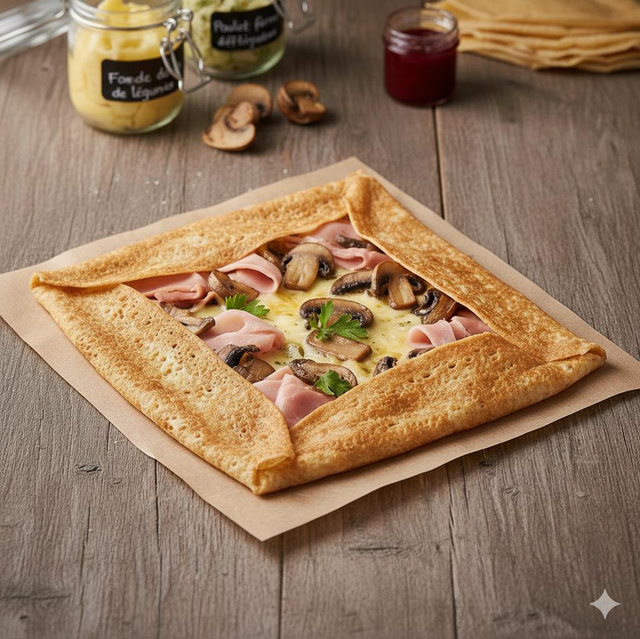 Menu Crêpe Adulte 15€/  La Crêpe “comme à la maison” (classique) + La crêpe sucrée dessert