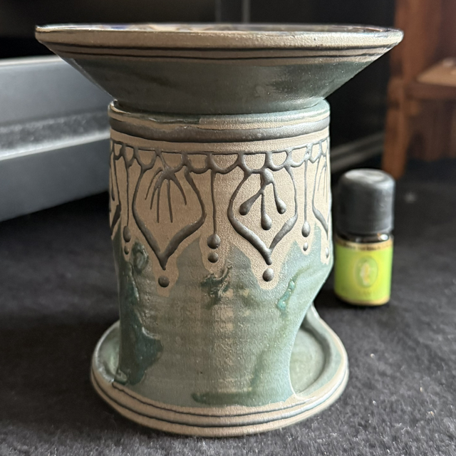 Ceramic Aroma Lamp, Essential Oil Burner Mandala Design, Handcrafted Stoneware, green dark black