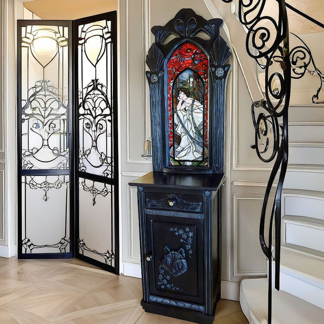 meuble art nouveau et son vitrail Mucha, création sur mesure | l&#039;Artelier de Julien