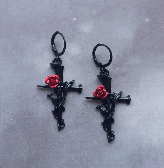 Black Cross and Red Rose Earrings 