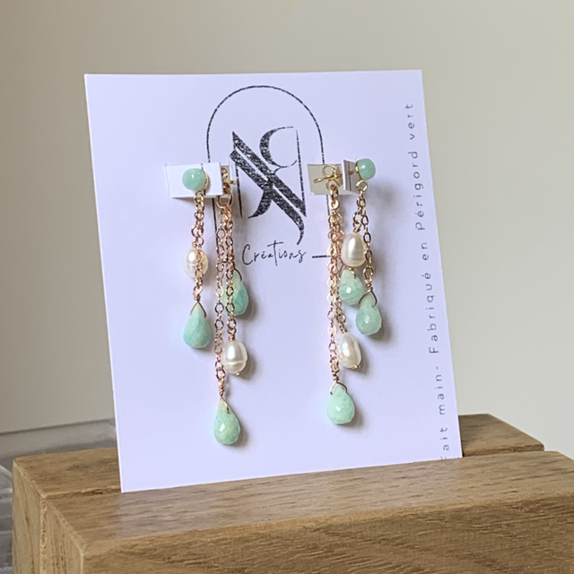 Boucles d&#039;oreilles, Amazonites naturelles &amp; Perles d’eau douce de culture, Goldfilled rose (or rose laminé) 