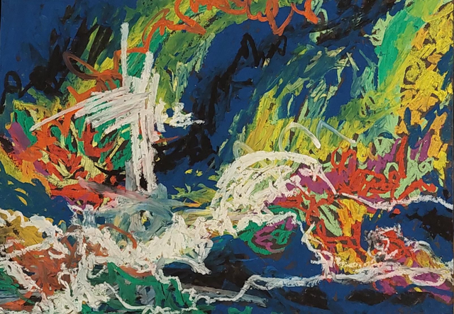 Vaihdevuosihurmio. Öljypastelli paperille.