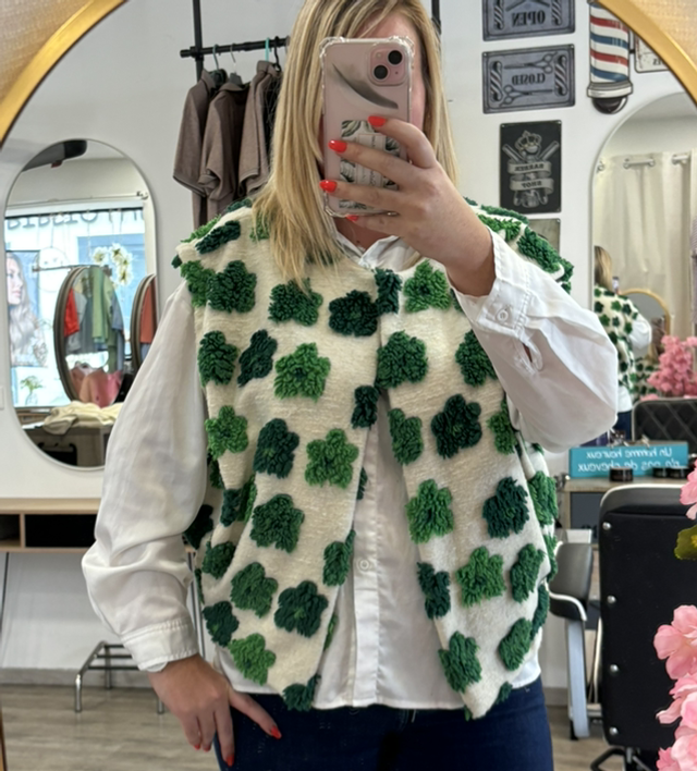 Gilet sans manches blanc à fleurs vertes