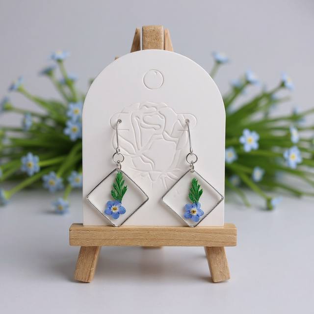 Forget-Me-Not Square-Shaped Earrings, Sterling Silver-Plated Hooks
