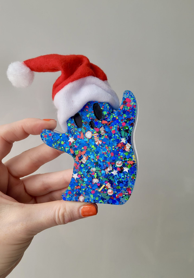 Ghost Ornament - Christmas Themed Blue Glitter- Blue Glitter with Santa Hat