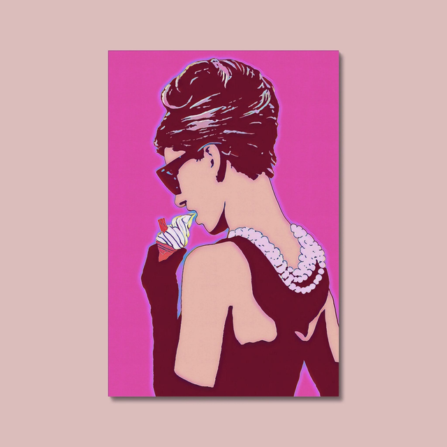 Audrey with Ice Cream, Audrey Hepburn, Pink, Pop Art Canvas, Warhol inspired, Home Decor, Wall Art
