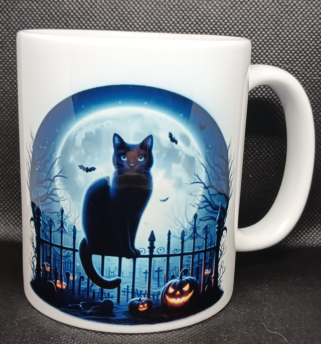 Custom Printed Black Cat &amp; Moon Mug.