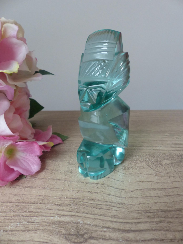 Sculpture Vintage en Verre Poli – Art Inca Maya Aztèque – Figurine de Guerrier ou Dieu – Fabriquée au Mexique – Objet de Collection Rare