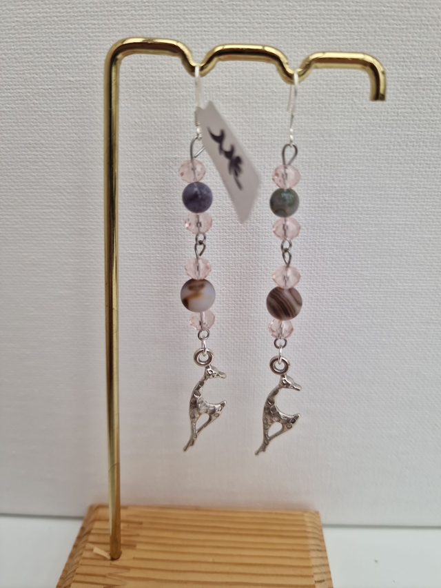 Boucles D'oreilles Girafes Acier Argenté Perles Agate Indienne Aventurine