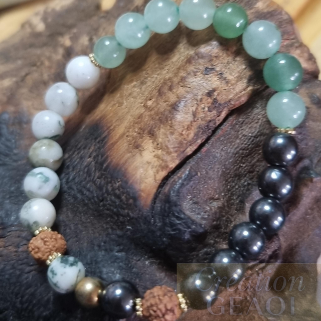 Agate arbre, rudraskha, aventurine verte et hématite non Magnétique 