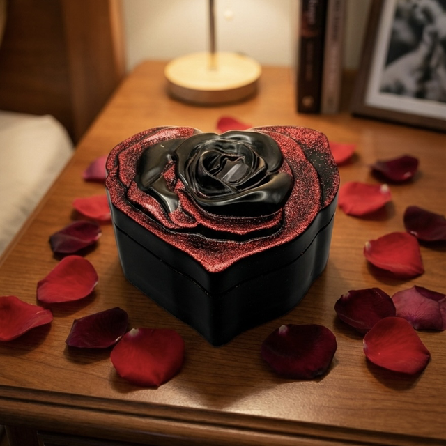 Boîte Cœur Rose Noire &amp; Paillettes Rouges