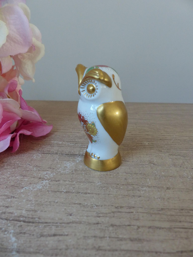 Rare figurine vintage hibou doré en porcelaine blanche décor fleuri, figurine miniature hibou Franklin Mint The Collectors Treasury of Owls