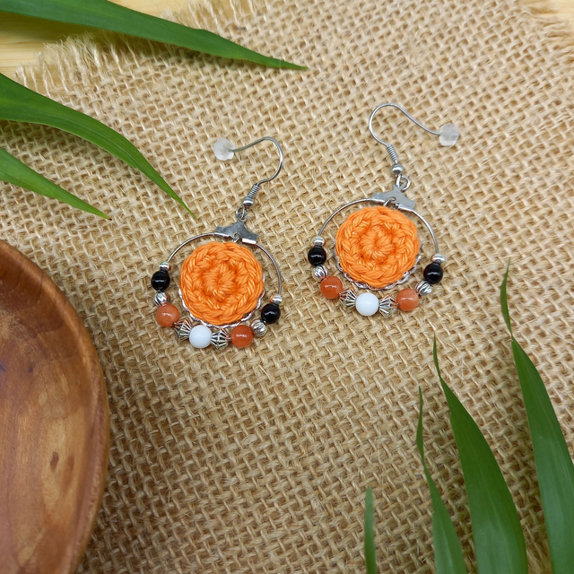 Parure orange et argentée - Boucles d'oreilles orange type créoles