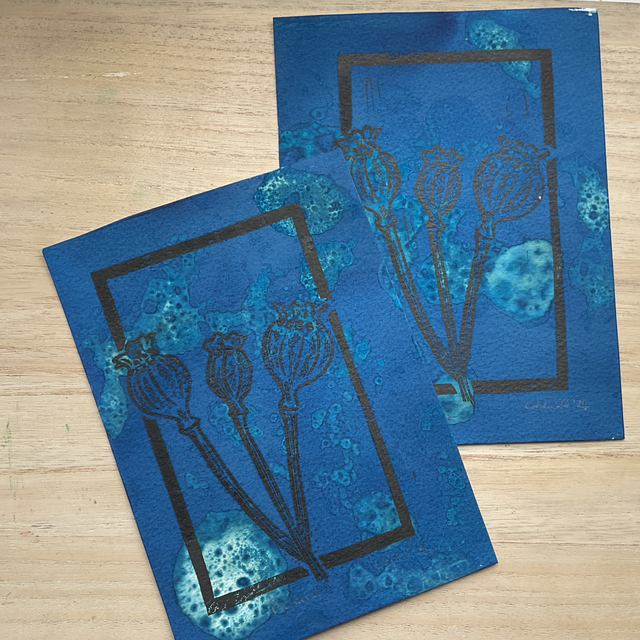 Palaver Lino Print on Cyanotype bubble background