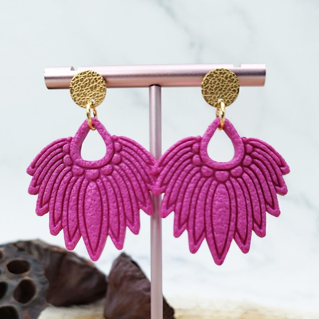 Boucles d'oreilles Feuille "Palma" Fuchsia Nacré Doré