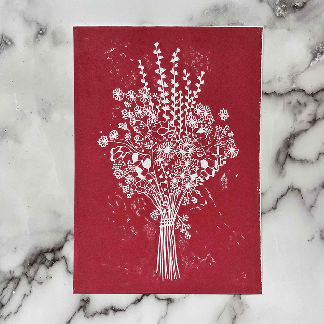 Le bouquet rouge • Linogravure 15 x 21 cm