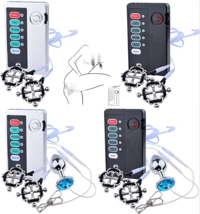 Bondage BDSM Electrical Shock Kit Plug Clamp Clip Electronic Stimulation Slave