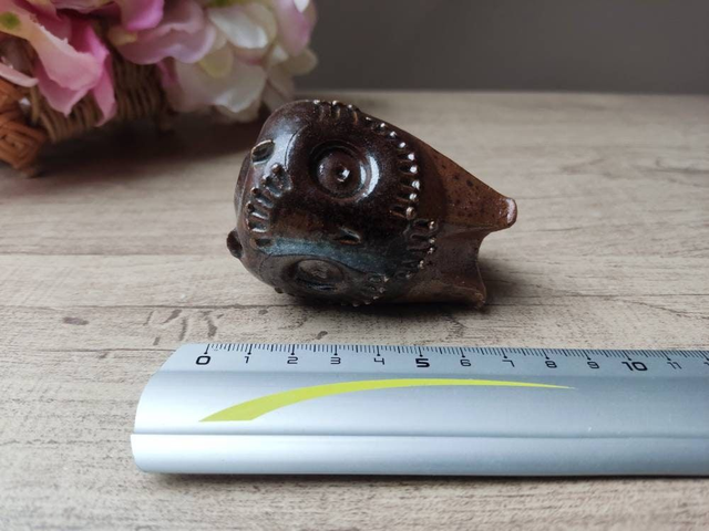 Ancien et rare Figurine sculpture chouette hibou en grès marron zoomorphe poterie Vintage