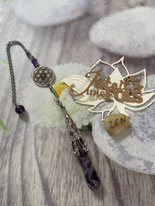 Pendule pointe métal serti  &quot;Fleur de Vie&quot; en Améthyste