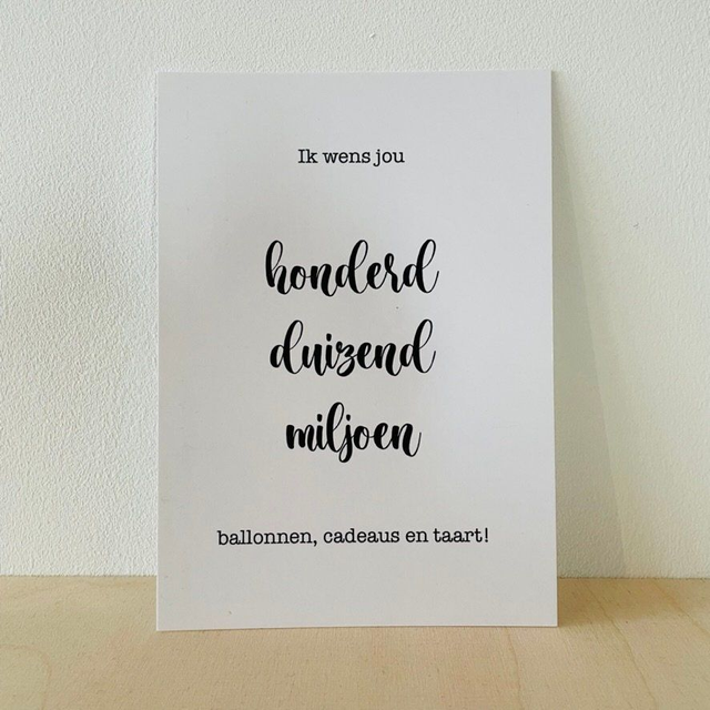 Ansichtkaart "Ik wens jou honderd duizend miljoen decoratie, cadeaus en taart!", 10 x 15 cm