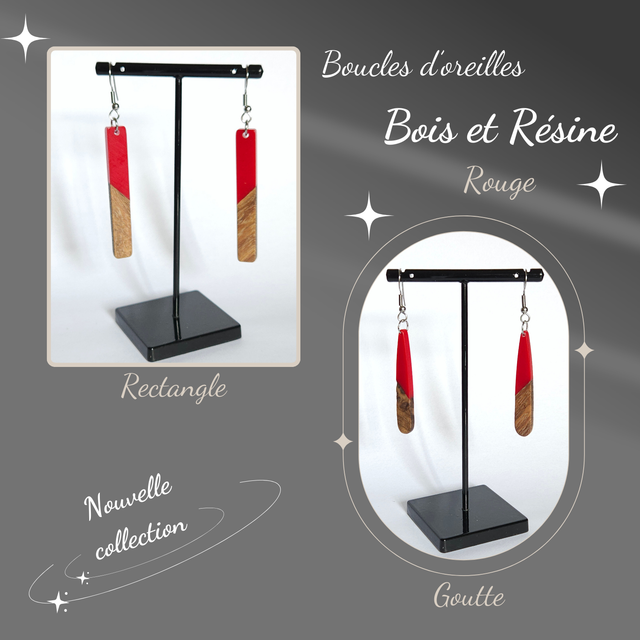 Boucles d&#039;oreilles ROUGE en Bois &amp; Résine