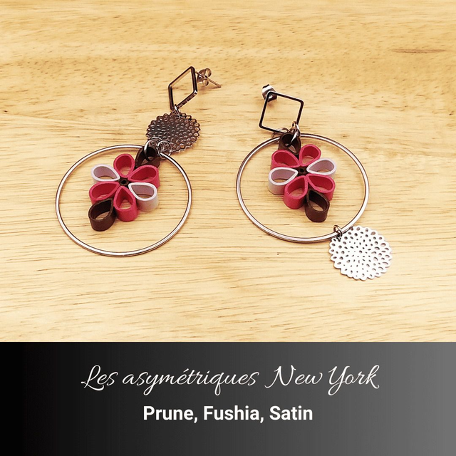 Boucles d'oreilles asymétriques New York - Prune fushia et satin