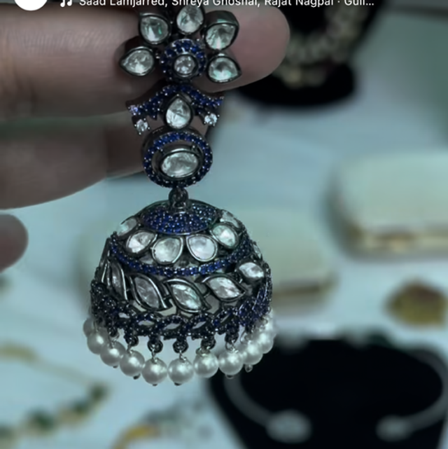 Oxidised Silver and Navy Blue Jhumka