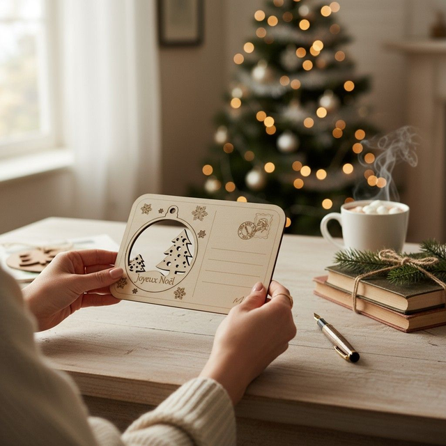 Carte postale avec boule de Noël en bois, gravée et personnalisée - décoration de sapin, déco 2 Sapins
