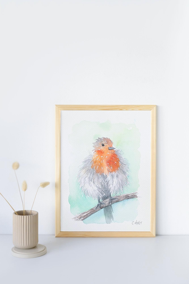 Tableau original à l'aquarelle rouge-gorge sur sa branche et fond vert, 13*18 environ