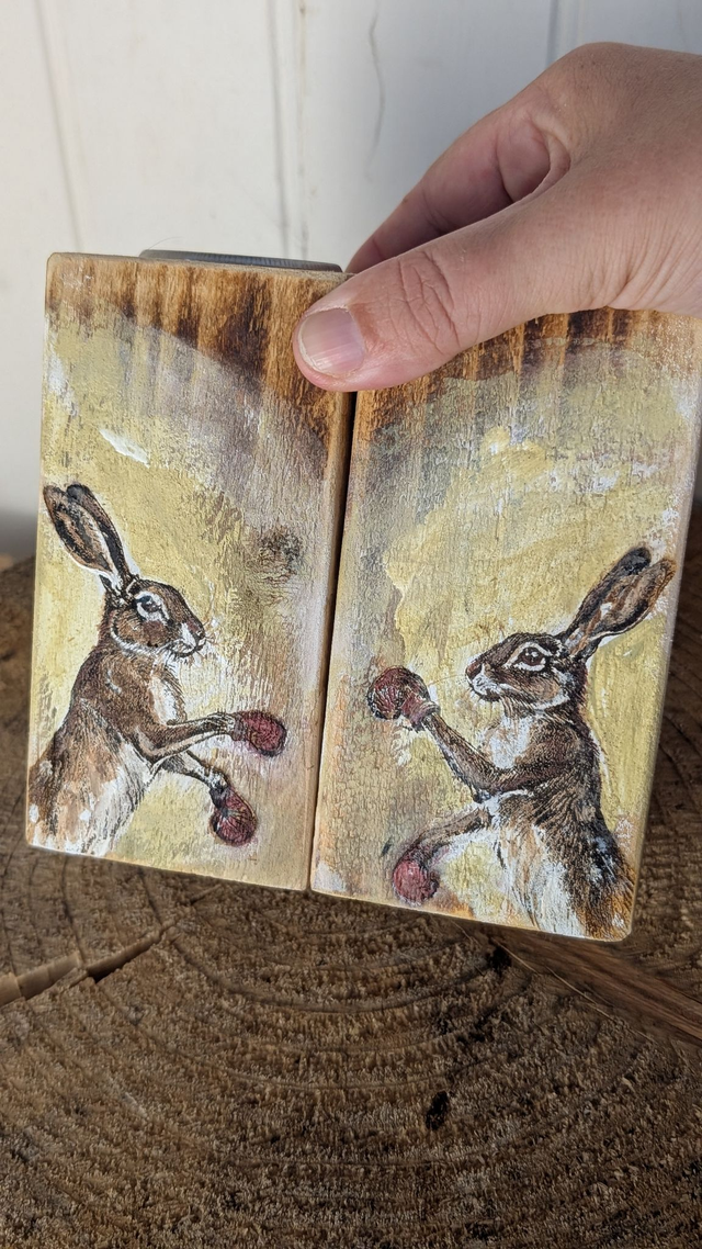 Boxing hares wearing gloves - Set of Two Tealight holders