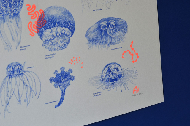 Affiche imprimée en risographie Neon Jellyfish