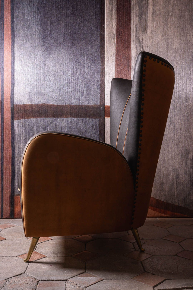 A Original vintage armchair poltrona conversazione fumoir Hotel Bristol Merano design 1950 new fabric by Donghia