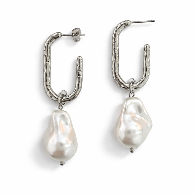 Pendientes acero plateado perlas 
