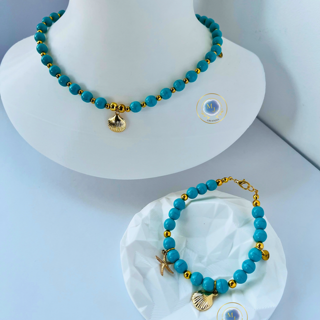 Handgemaakte Ketting & Armband Set met Turquoise Kralen en Schelpbedel – Goudkleurig | MJ Creations