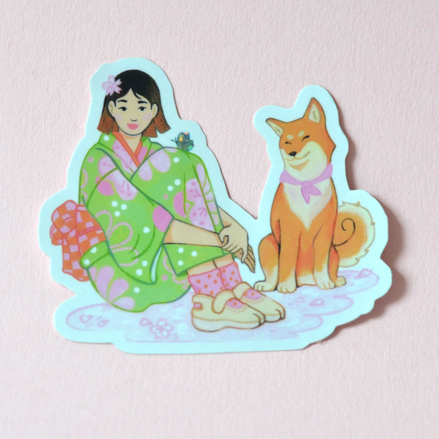 Sticker la fille, le shiba & le papillon