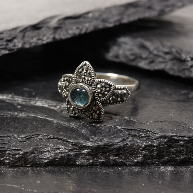 Vintage Sterling Silver 925 Art Deco Style Round Cabachon Cut Blue Tourmaline With Marcasite Gemstone Star Design Ring Size O - 7