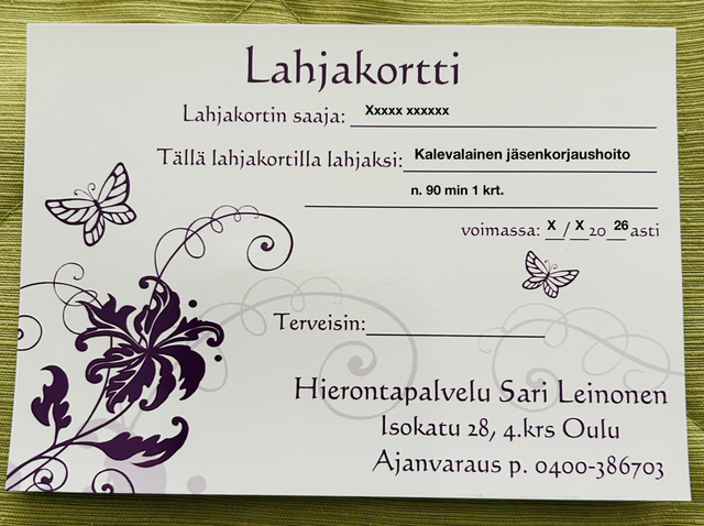Lahjakortti kalevalainen jäsenkorjaushoito Aikuinen
