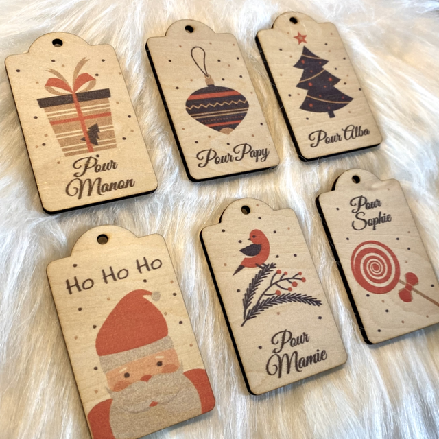 Lot de 6 Étiquettes de Noël en bois personnalisées – Décoration festive avec prénom