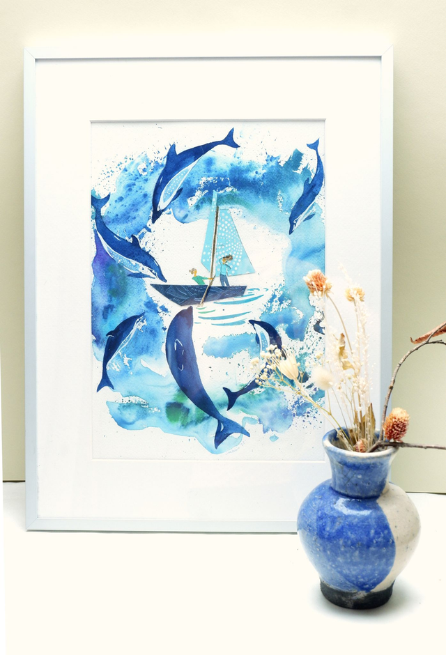 Illustration originale à l'aquarelle "Le cercle des dauphins"