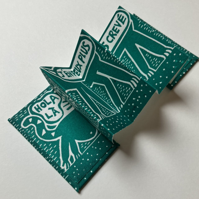 Mini leporello chat vert émeraude - linogravure