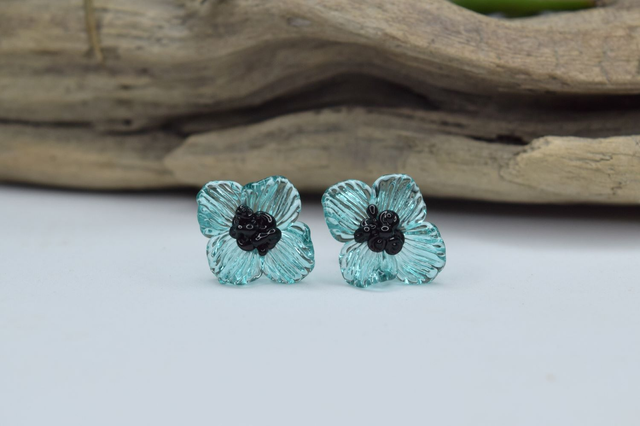 PUCES FLEURS TURQUOISE TRANSLUCIDE MONTURE INOX GRIS (PF11)