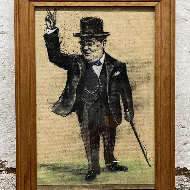 A Naive Charcoal Hand Sketched Portrait Of Winston Churchill- Signed 