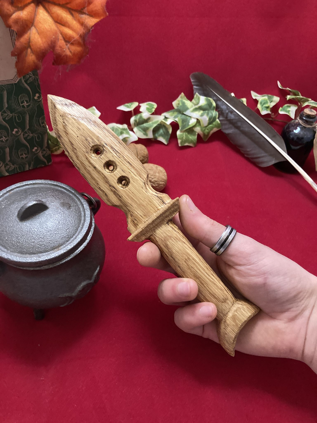 English Oak Athame and Matching Mahogany Athame Stand