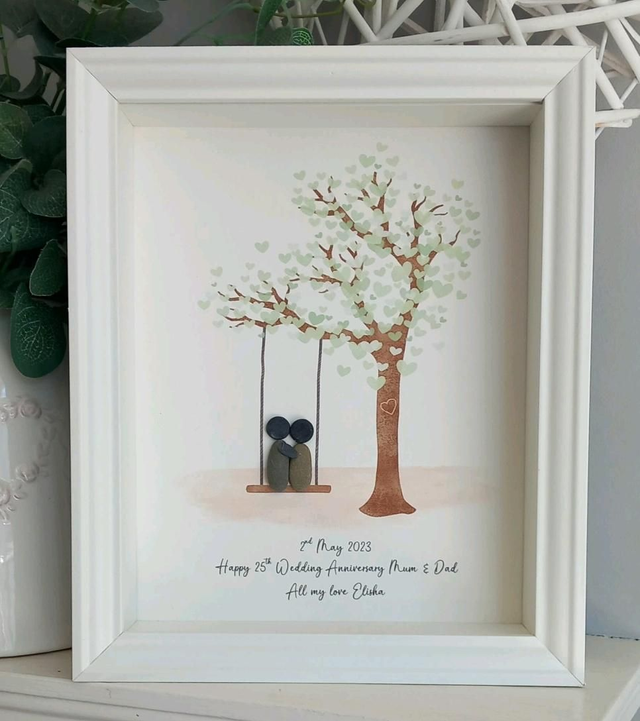 Personalised anniversary pebble picture, couple on tree swing 