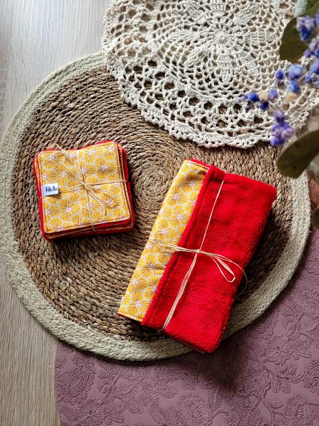 Gant soin + lingettes Flora jaune / rouge