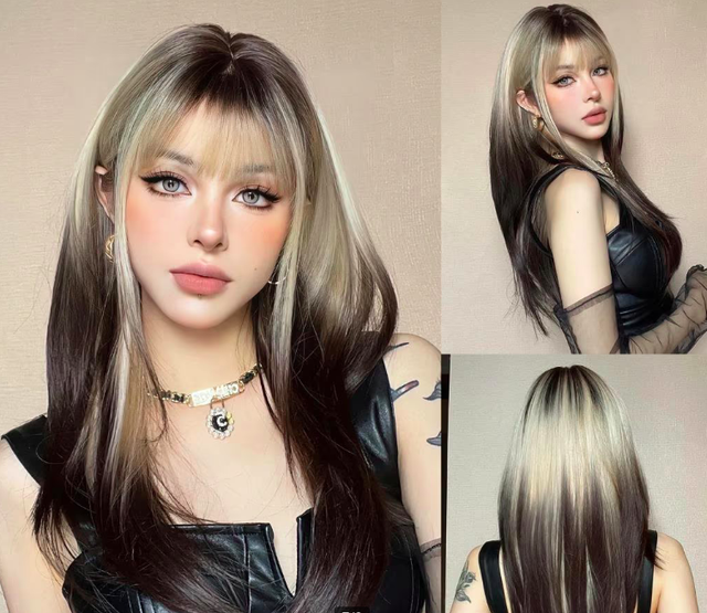 Rechte gelaagde synthetische pruik met pony (61cm) grijs zwart