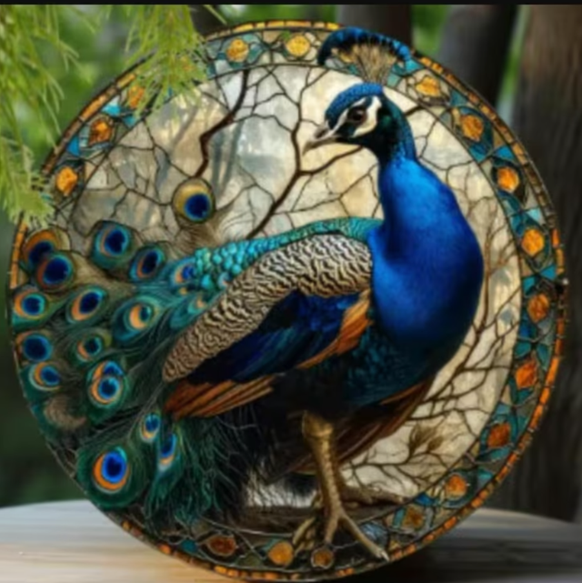 Vintage rond metalen bord Kleurige Pauw (20cm)